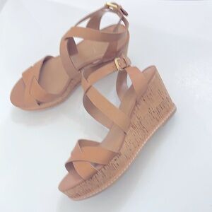 Franco Sarto Size 11 Leather Tan Strappy Cork Wedge heels Crisscross Sandals